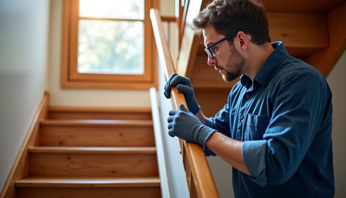 Installation d’un monte-escalier droit dans une maison à Sainte-Rose, avec un technicien en train de fixer le rail sur les marches