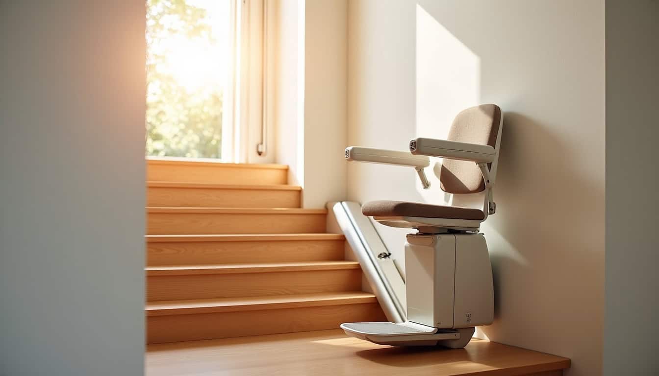 Installation d’un monte-escalier droit dans une maison à Veyrier-du-Lac, montrant le rail le long d’une volée d’escalier droite