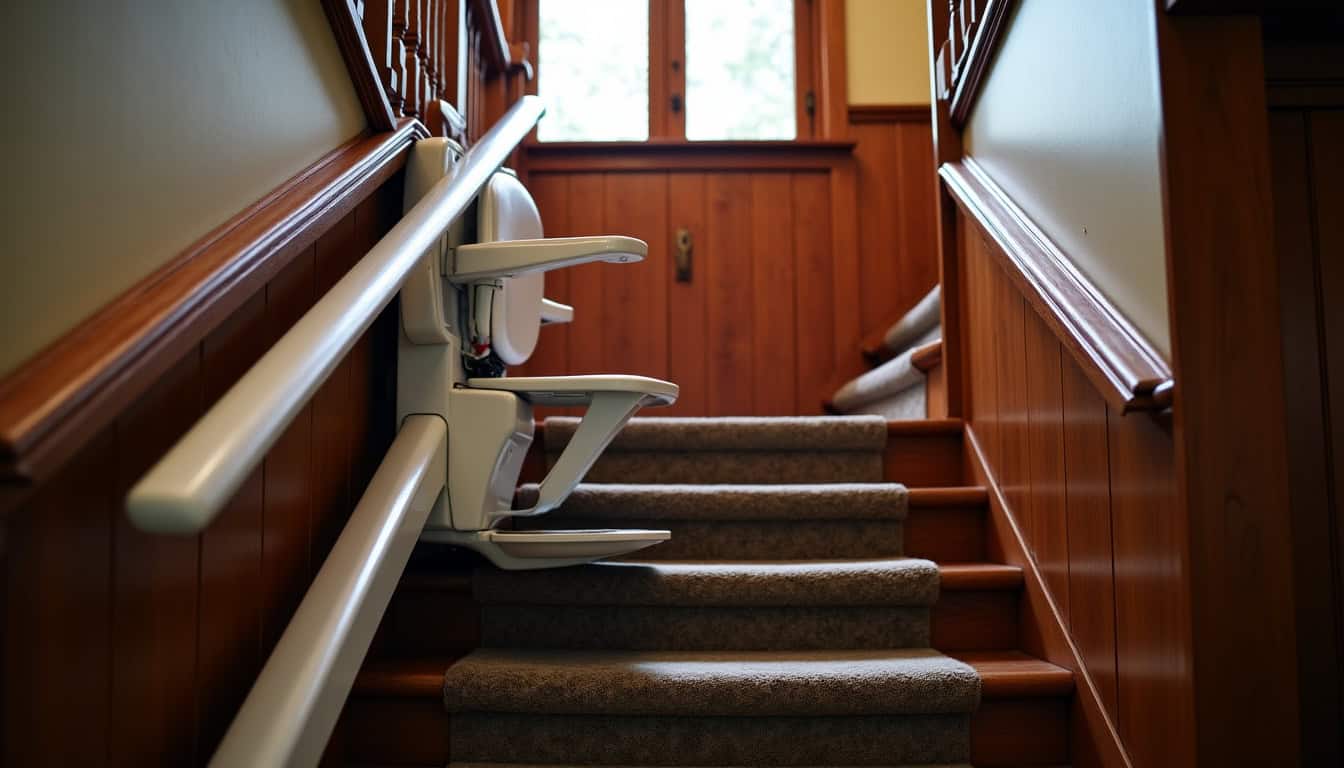Installation d’un monte-escalier droit dans une maison ancienne à Brens, vue depuis le bas de l’escalier