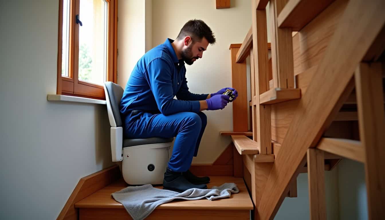 Installation d’un monte-escalier par un technicien à Conquereuil