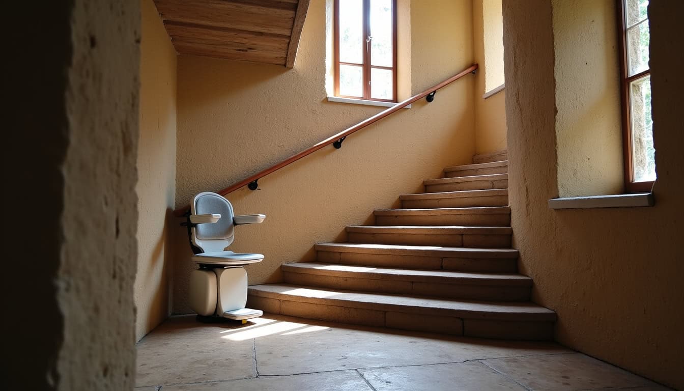 Installation d’un monte-escalier sur un escalier en colimaçon dans une maison ancienne à Labégude