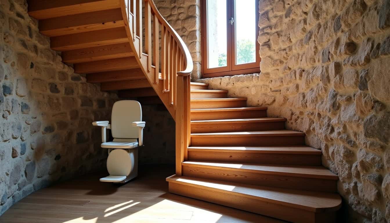 Installation d’un monte-escalier sur un escalier en colimaçon dans une maison bretonne à Cléguer