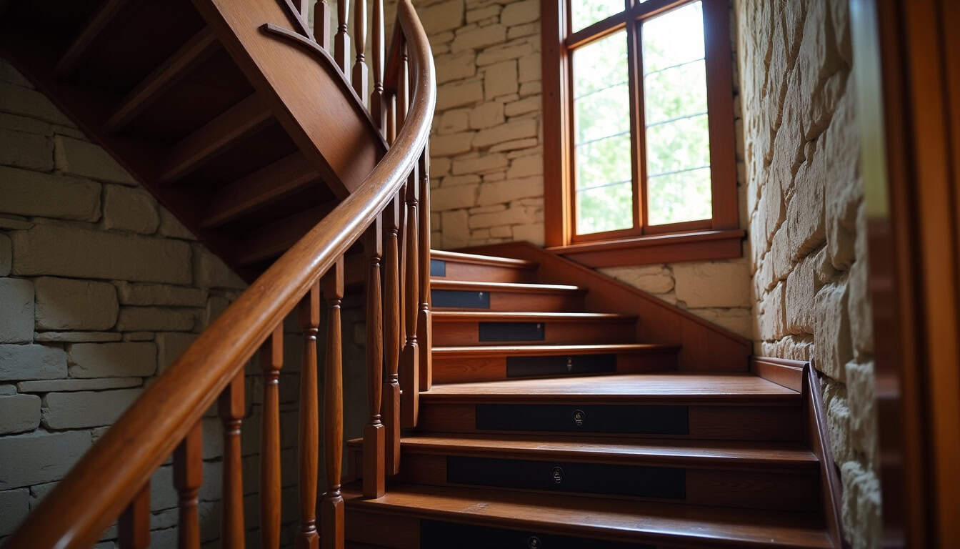 Installation d’un monte-escalier sur un escalier tournant dans une maison ancienne à Sainte-Croix-aux-Mines