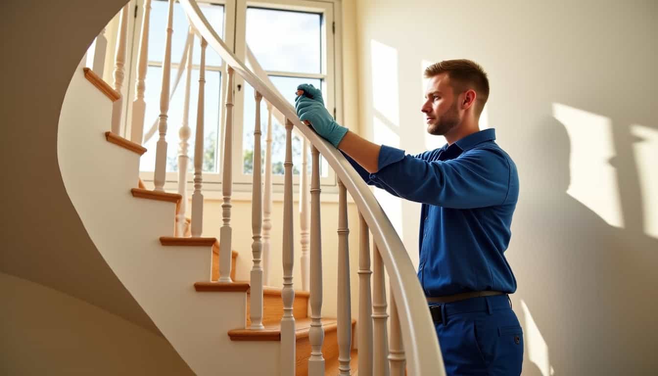 Installation d’un monte-escalier tournant dans une maison à Montrond-les-Bains avec technicien en train de fixer le rail