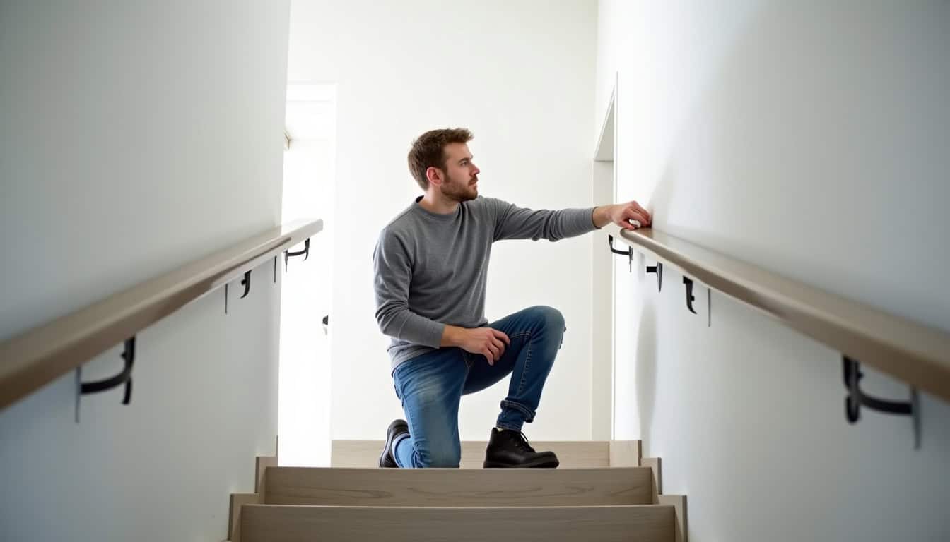 Installation d’un monte-escalier tournant dans une maison à Rosselange, avec un technicien en train de fixer le rail sur un escalier en colimaçon