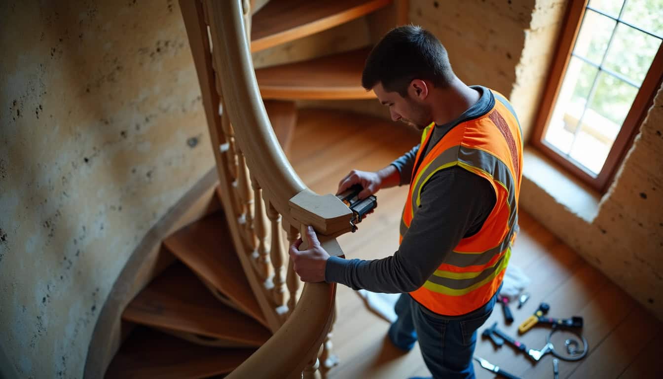 Installation d’un monte-escalier tournant dans une maison à Vendémian, vue d’un professionnel en train de fixer un rail sur un escalier en colimaçon