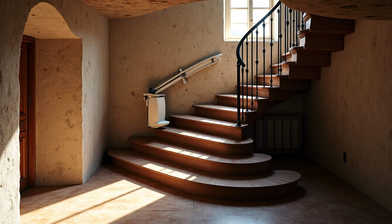 Installation d’un monte-escalier tournant dans une maison ancienne à Bohain-en-Vermandois, vue de l’escalier en colimaçon