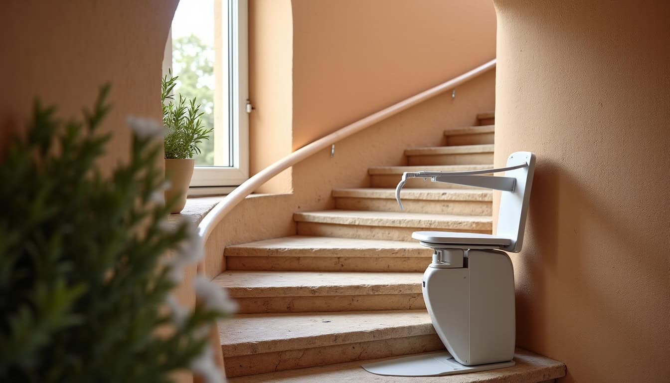 Installation d’un monte-escalier tournant sur un escalier en colimaçon à La Tour-sur-Orb