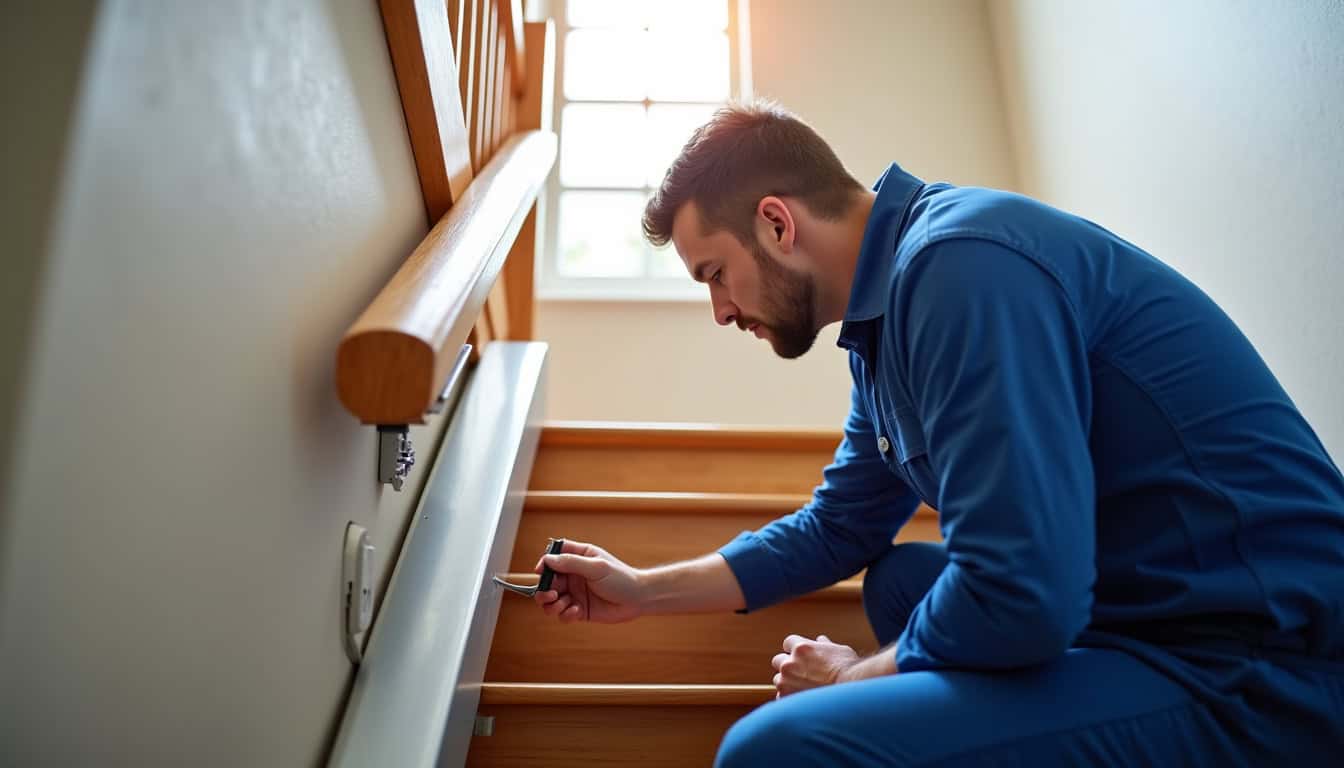 Intervention d’un technicien lors d’une maintenance préventive sur un monte-escalier en fonctionnement