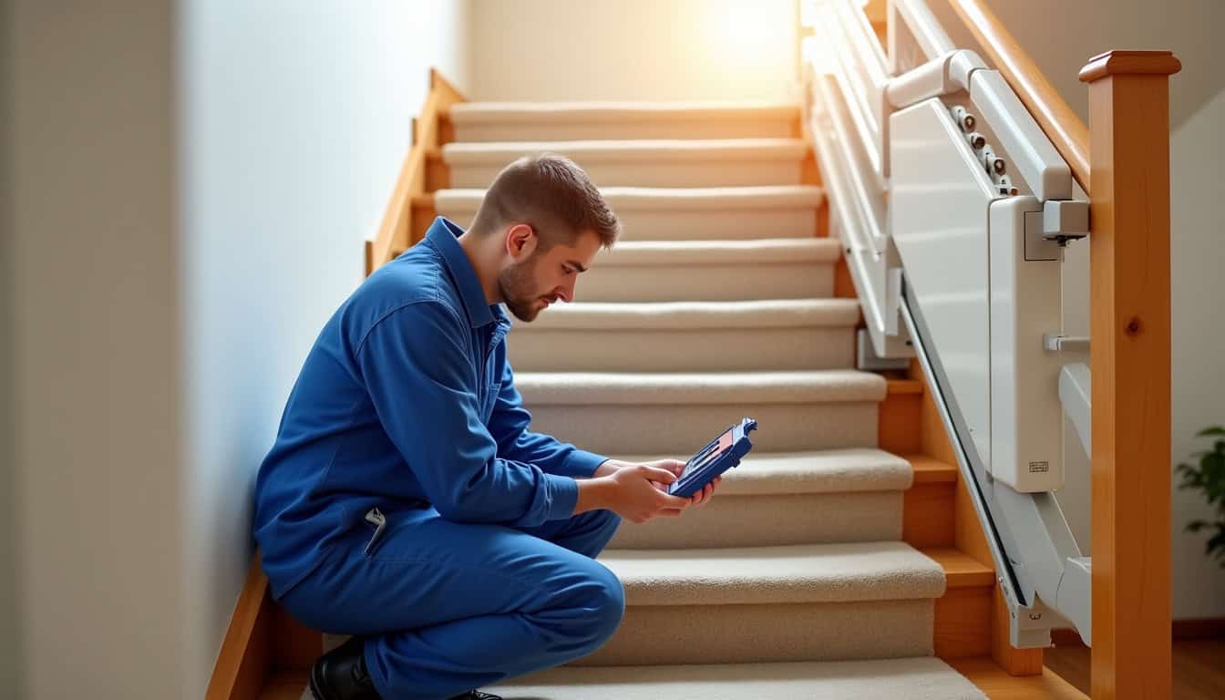 Intervention d’un technicien lors d’une maintenance préventive sur un monte-escalier