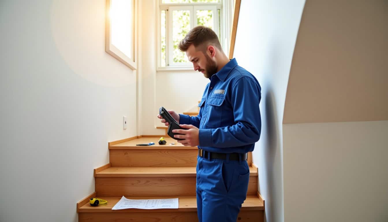 Intervention d’un technicien vérifiant les mesures d’un escalier à Mary-sur-Marne