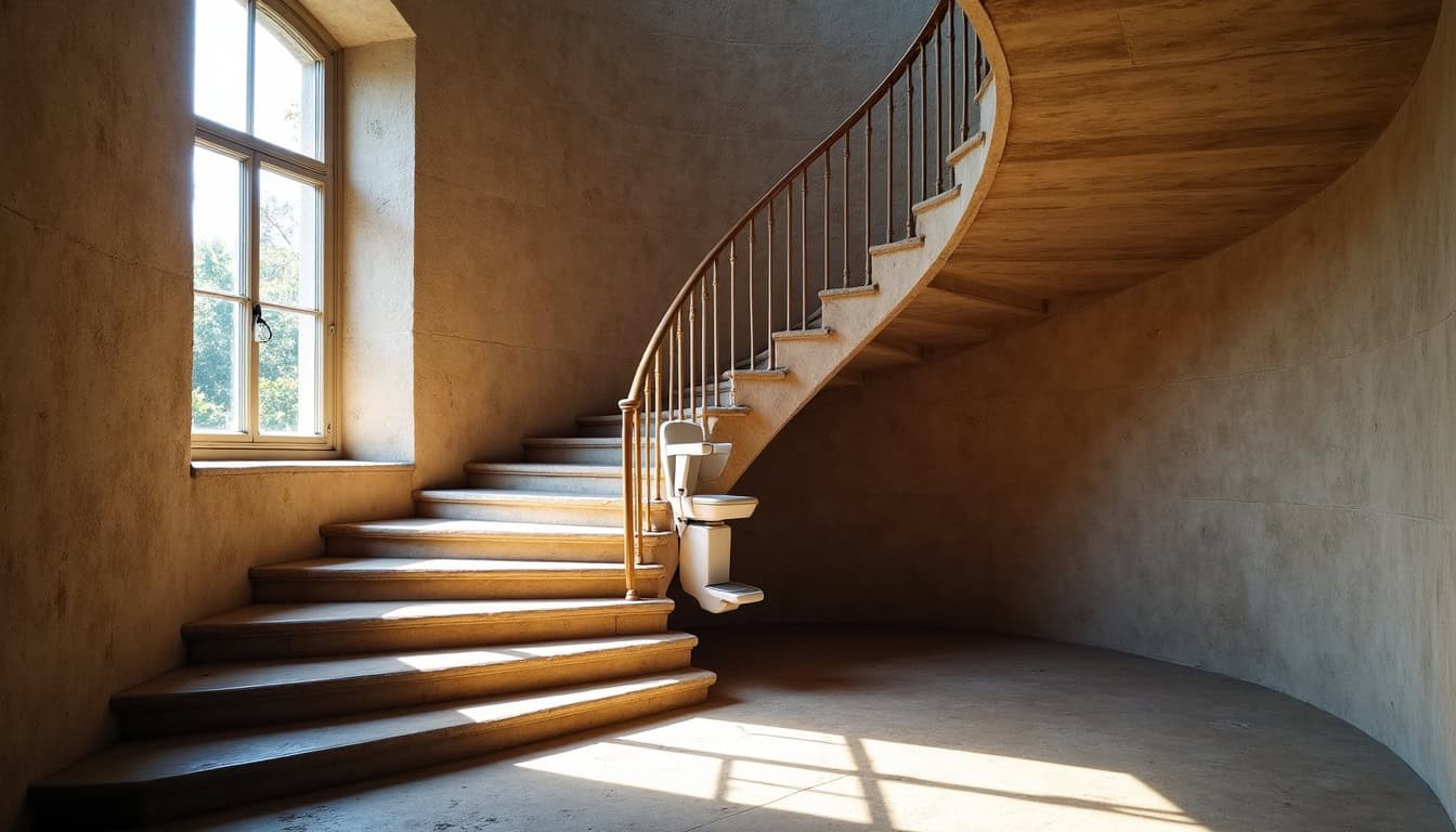 Montage d’un monte-escalier sur un escalier en colimaçon dans une maison ancienne à Trévé