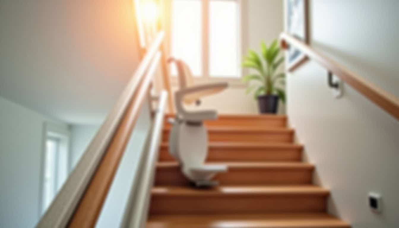 Monte-escalier à rail courbe installé sur un escalier tournant à Cutry