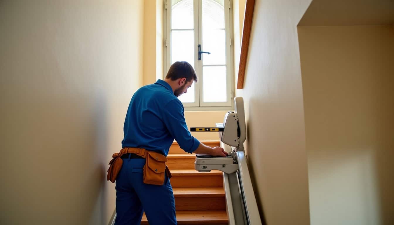 Technicien en train d'installer un monte-escalier dans une maison à Antonne-et-Trigonant