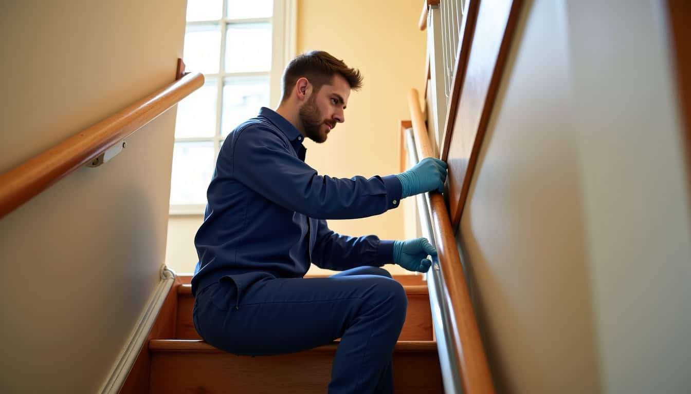 Technicien en train d'installer un monte-escalier à Anzin-Saint-Aubin