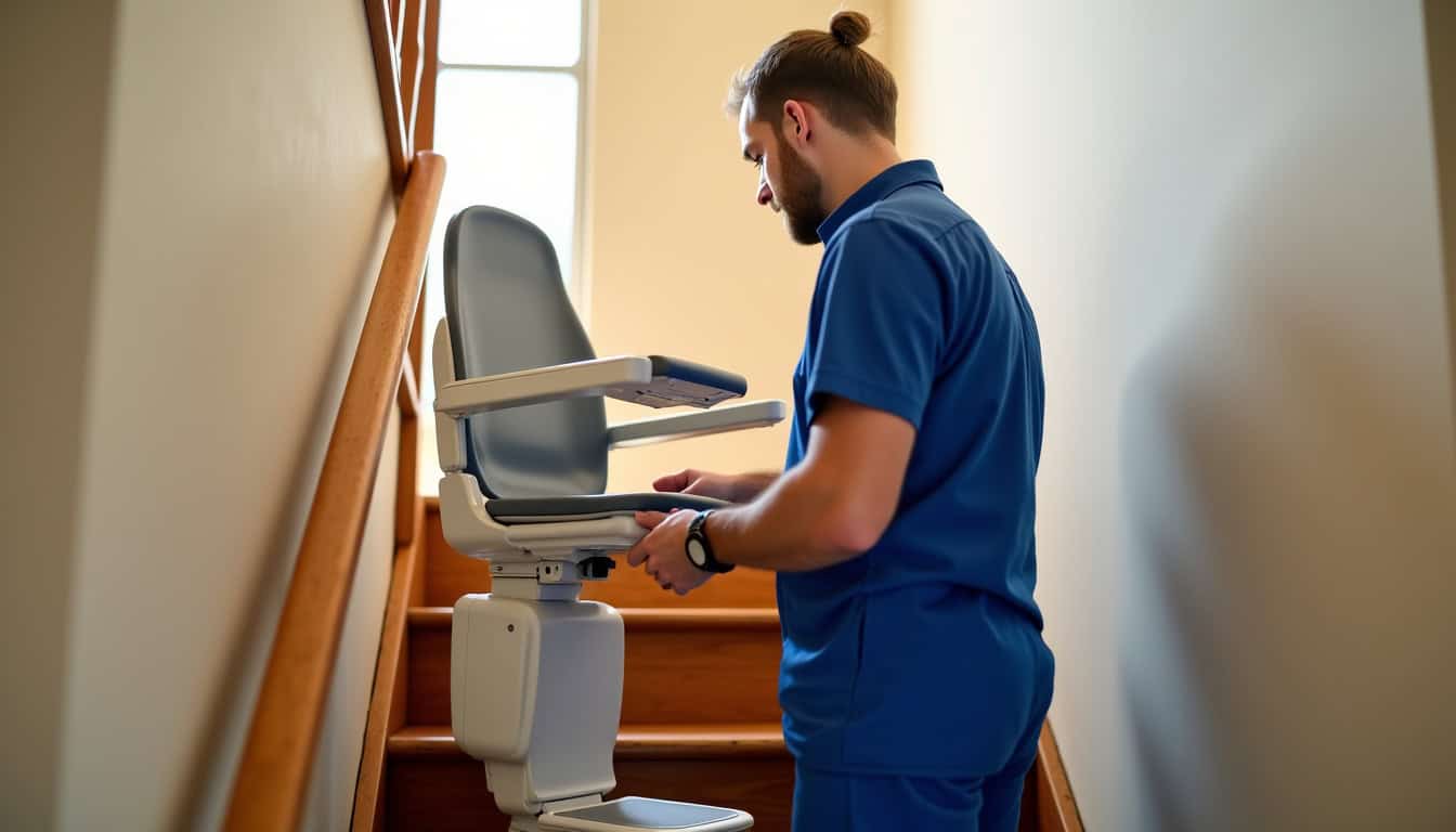 Technicien en train de tester un monte-escalier nouvellement installé à Arcey