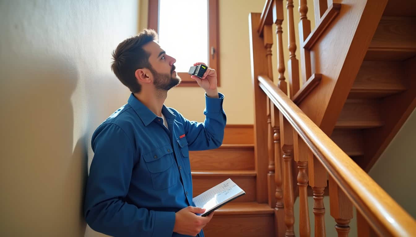 Technicien en train de mesurer un escalier pour l’installation d’un monte-escalier à Arches