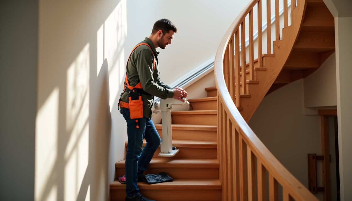 Technicien professionnel en train d’installer un monte-escalier sur un escalier tournant dans une maison à Arzacq-Arraziguet