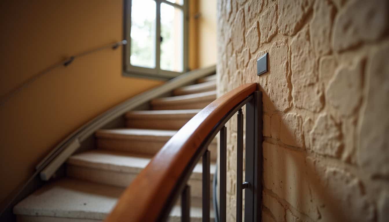 Monte-escalier avec rail tournant installé sur un escalier en colimaçon à Saint-Girons
