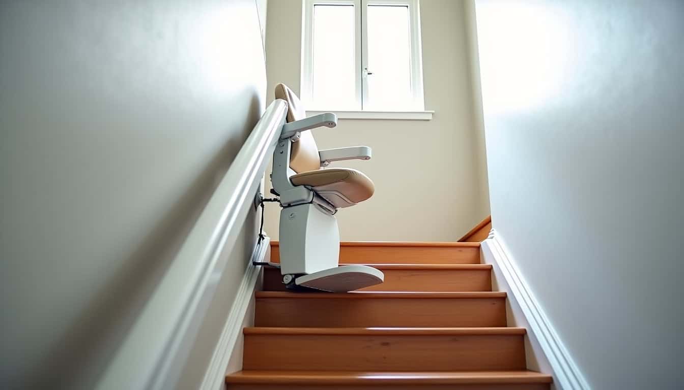Monte-escalier avec siège installé sur un escalier droit à Langan