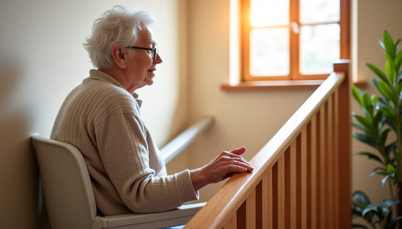 Personne âgée utilisant un monte-escalier dans une maison à Bindernheim