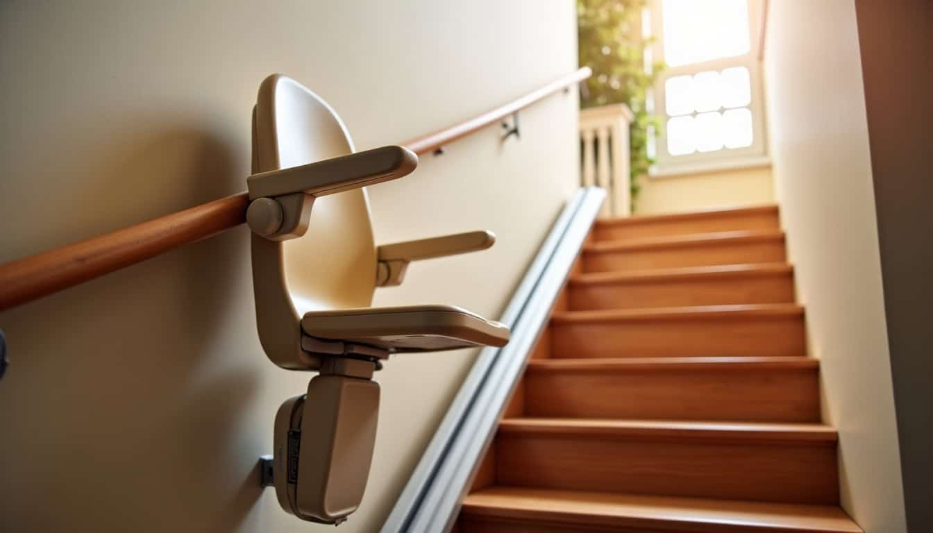 Monte-escalier droit installé dans une maison à Bondy avec rail rectiligne et siège beige