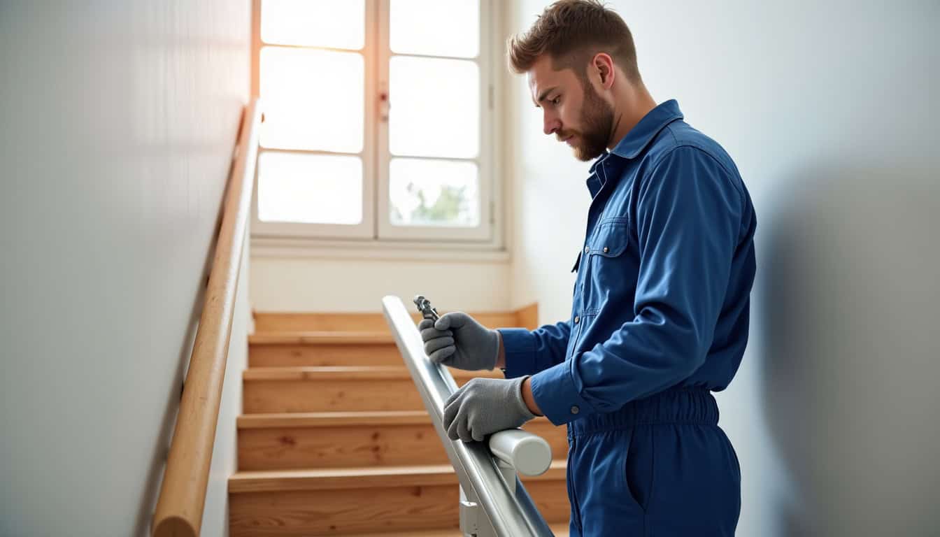 Technicien en train d’installer un monte-escalier dans une maison à Bondy