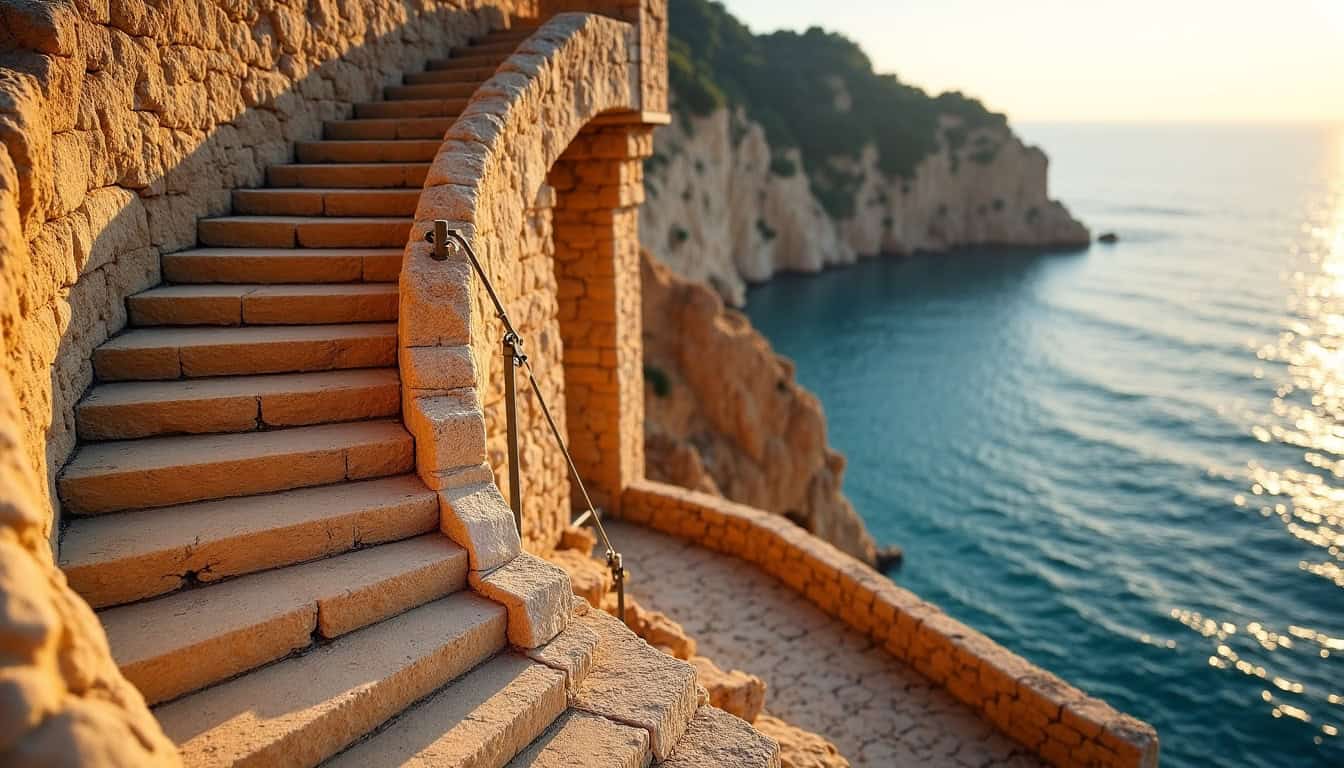 Reconstitution historique de l'escalier du Roy d’Aragon, illustrant la légende de la nuit de creusement par les soldats aragonais