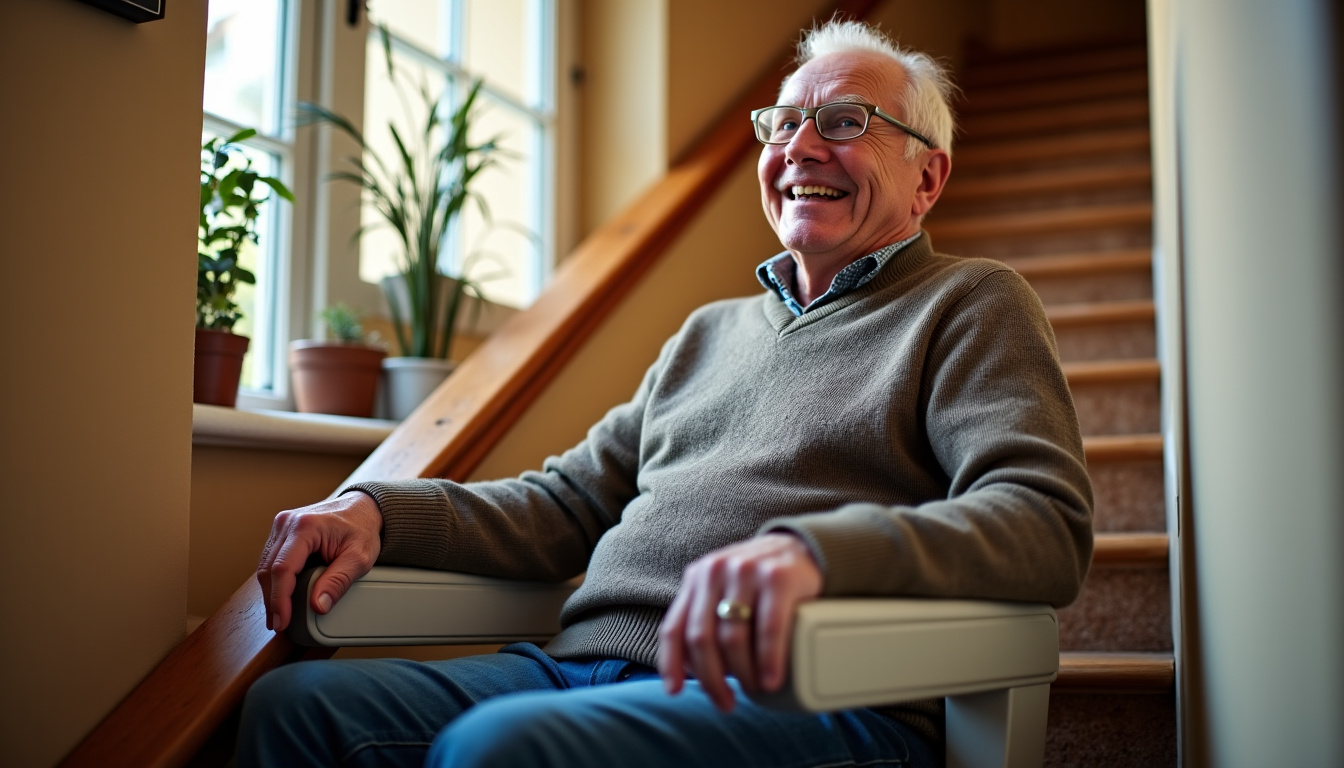 Portrait d’un senior à Cepoy utilisant son monte-escalier avec le sourire