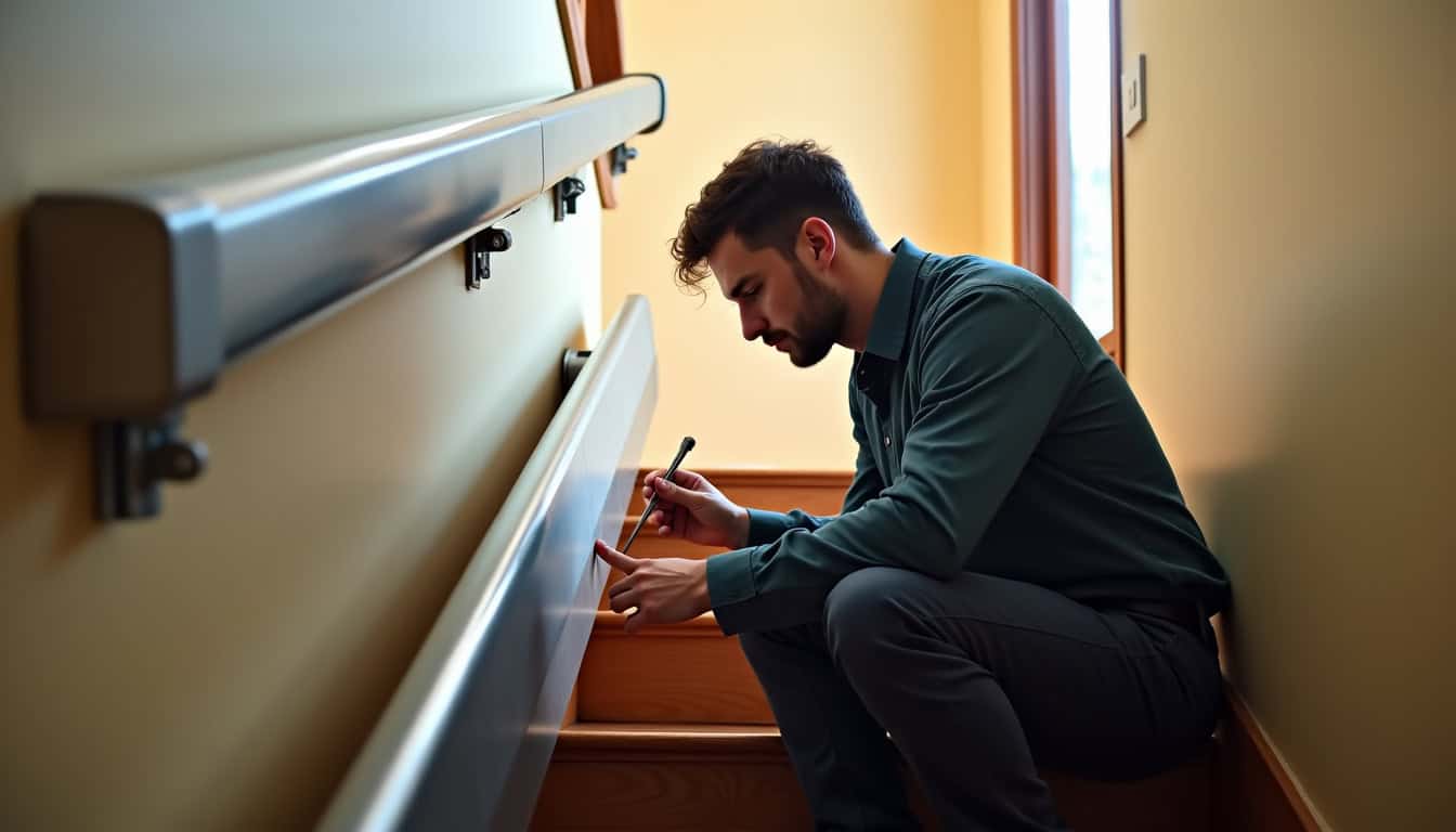 Technicien en train de vérifier un monte-escalier lors d'une visite de maintenance à Chailles