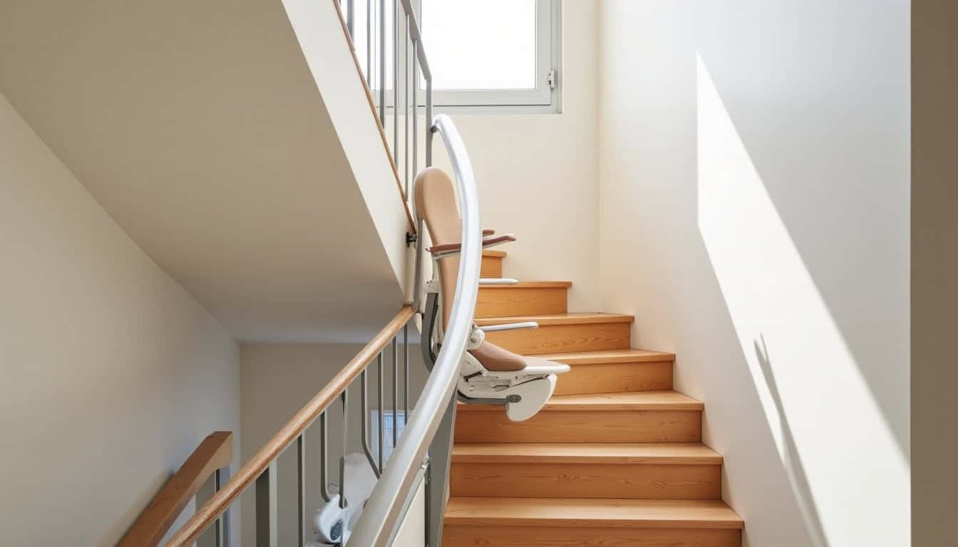Monte-escalier tournant sur mesure installé dans une maison à Châtelaillon-Plage avec virage à 90 degrés, rail en aluminium gris, siège en tissu beige, intégré à un escalier en chêne clair