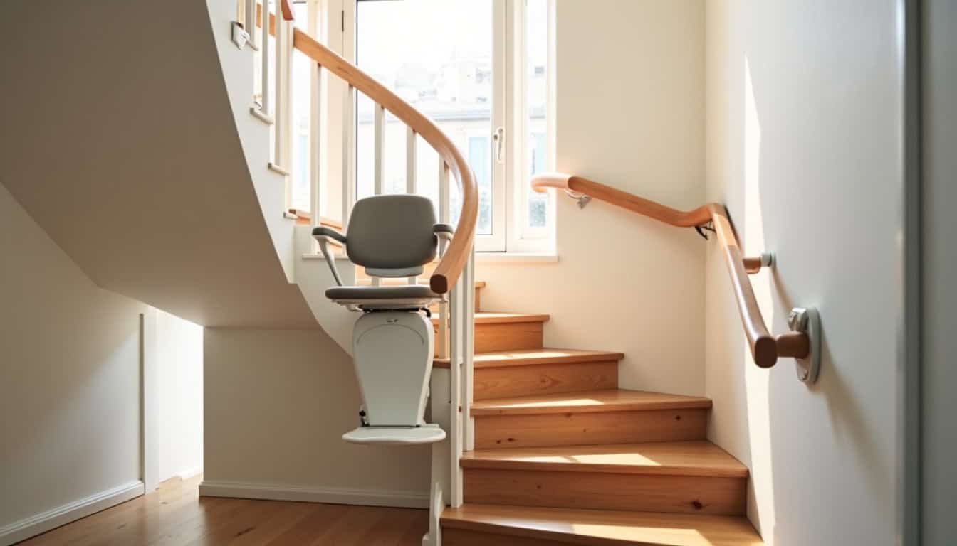 Fauteuil monte-escalier en fonctionnement dans un escalier tournant à Châtellerault