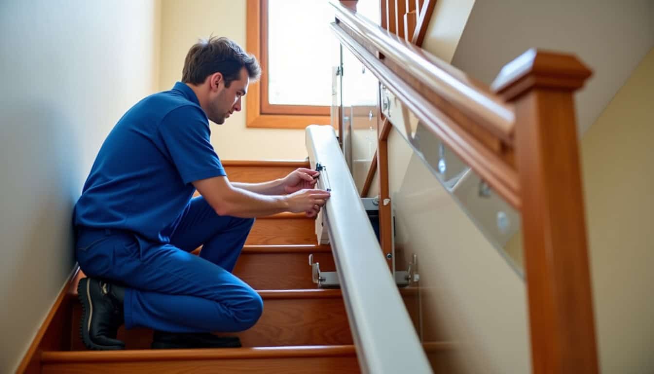 Technicien en train de vérifier un monte-escalier lors d'une maintenance à Châtellerault