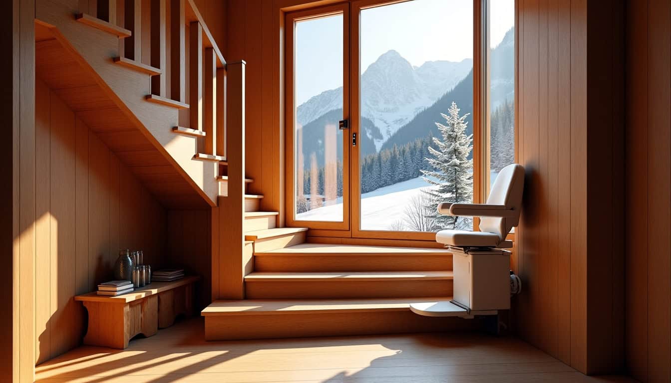 Monte-escalier courbe installé dans une maison typique de La Muraz, avec vue sur les montagnes