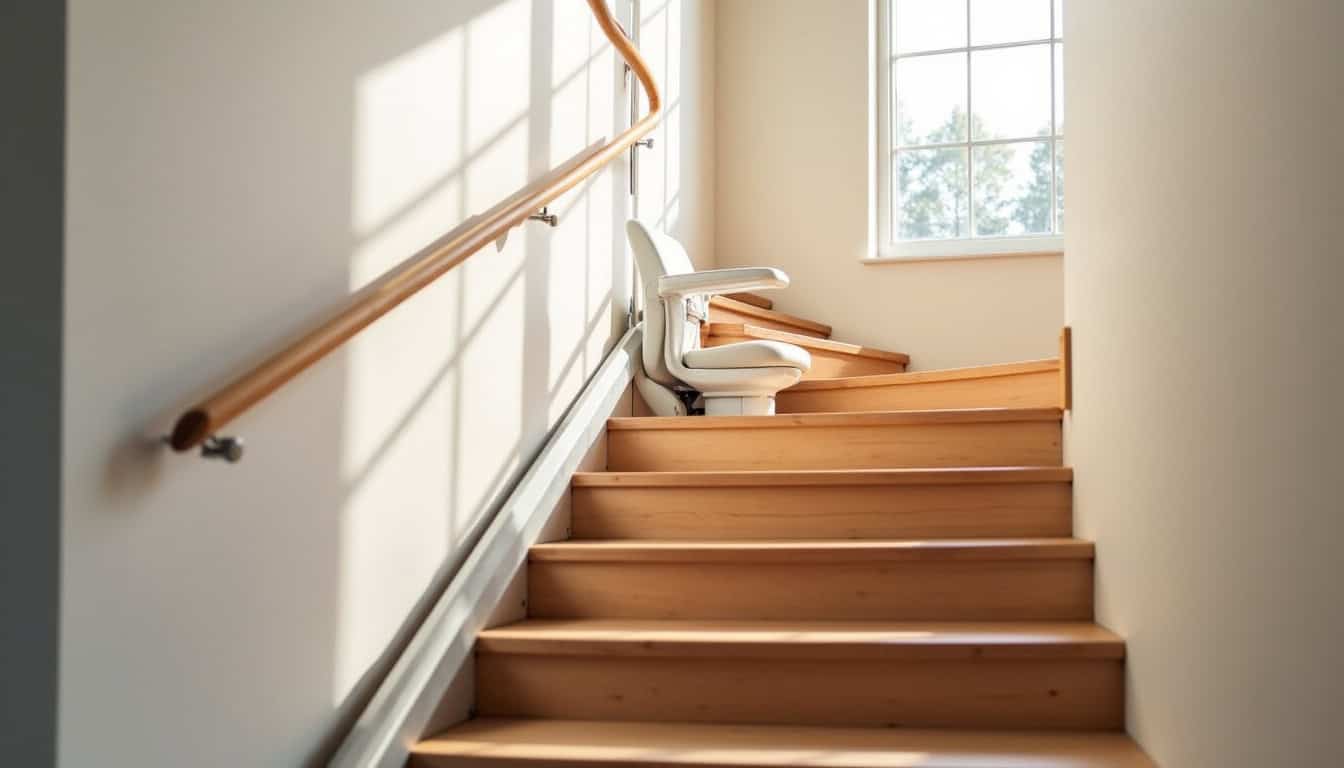 Monte-escalier courbe installé sur un escalier avec virage dans une maison à Cany-Barville