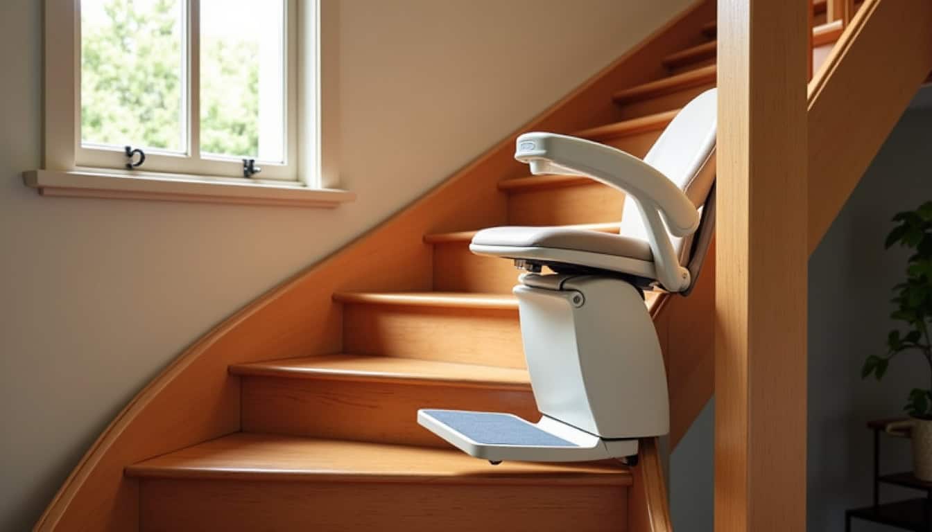 Monte-escalier courbe installé sur un escalier en bois ancien, avec rail en finition bois clair et siège en tissu beige