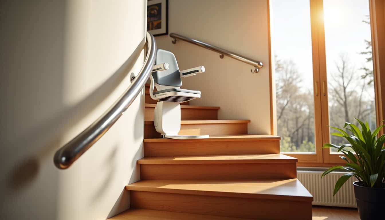 Monte-escalier courbe installé sur un escalier en colimaçon dans une maison à Saint-Benoît