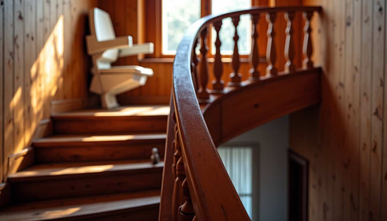 Monte-escalier courbe installé sur un escalier tournant dans une maison ancienne à Mâcon