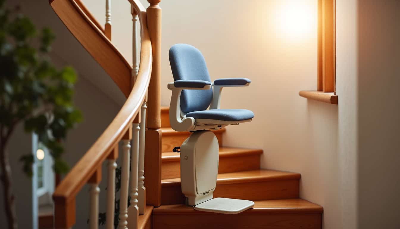 Monte-escalier courbe installé sur un escalier tournant dans une maison angevine