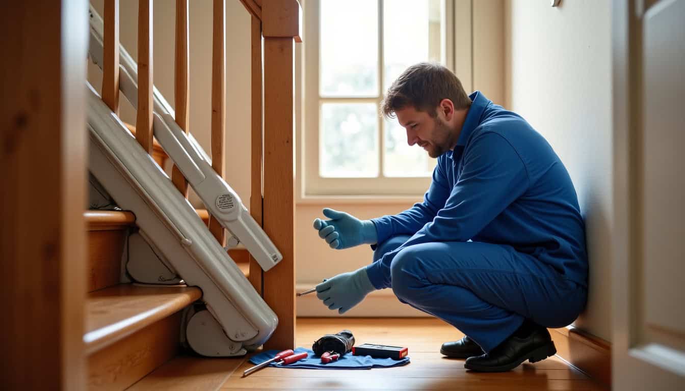 Technicien en train d’effectuer la maintenance d’un monte-escalier à Couternon