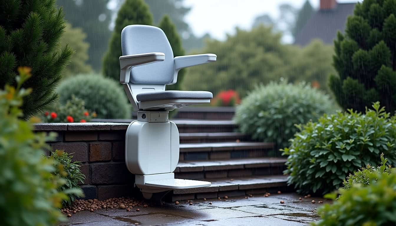 Monte-escalier d’extérieur en fonctionnement sous la pluie à Villiers-sur-Morin