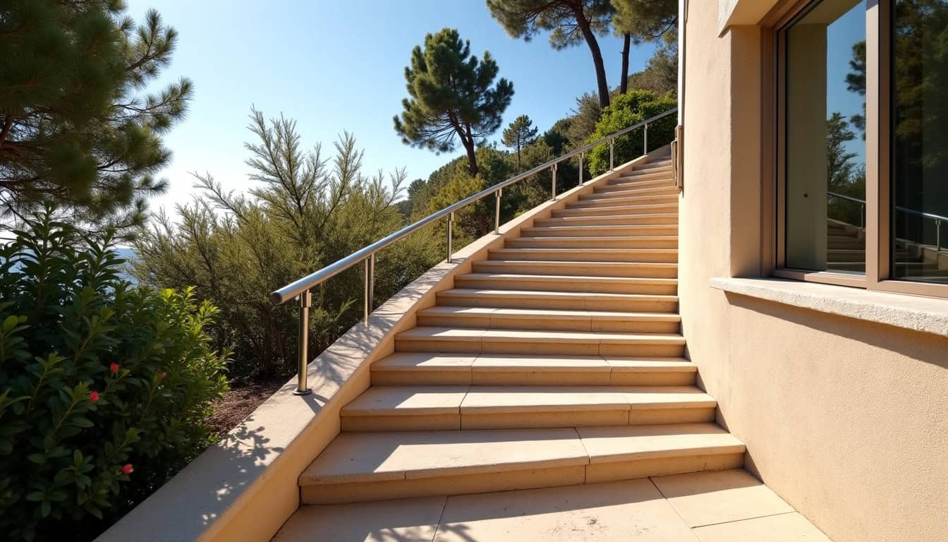 Monte-escalier double rail installé sur un escalier extérieur en virage d’une villa à Villefranche-sur-Mer