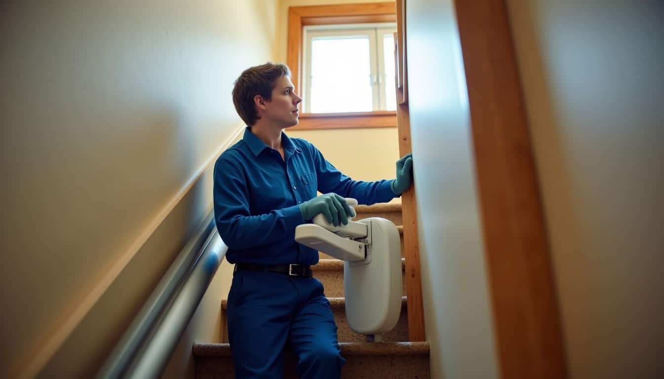 Technicien en train d'installer un monte-escalier dans une maison à Doussard