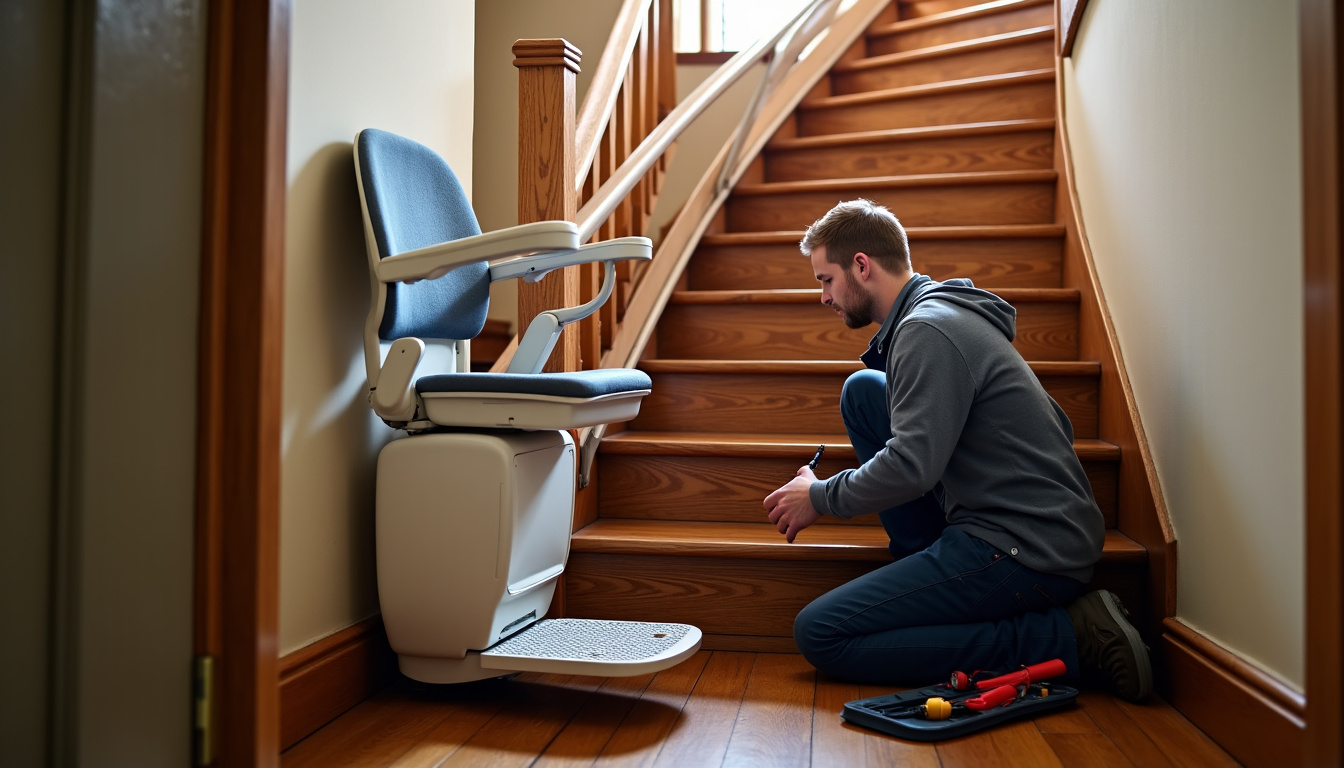 Monte-escalier droit en cours d’installation dans une maison ancienne à Magny-Vernois