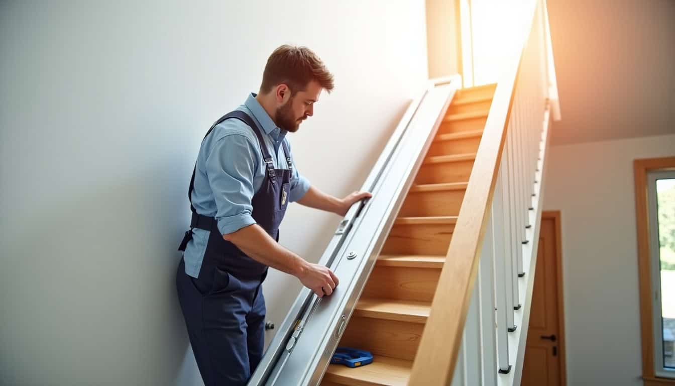 Monte-escalier droit en cours d’installation sur un escalier rectiligne dans une maison à Montville