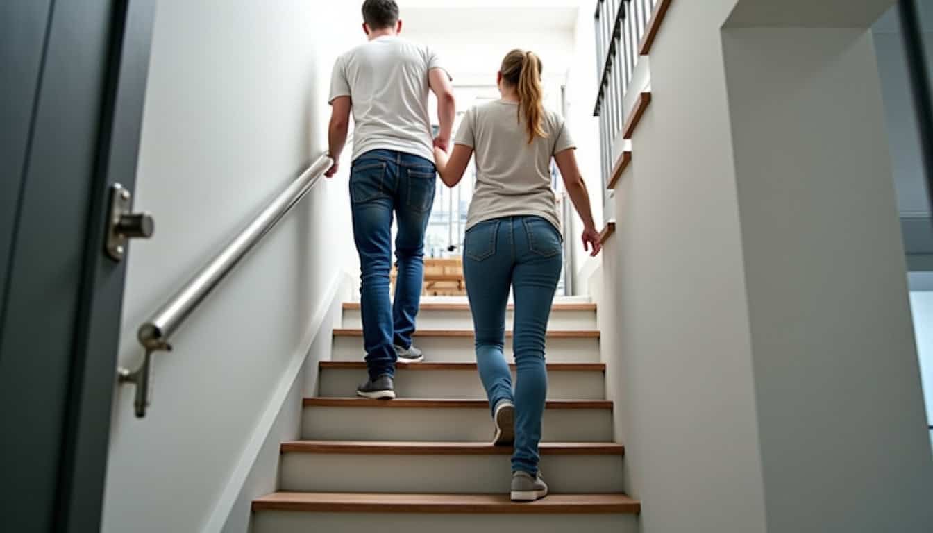 Monte-escalier droit en fonctionnement dans une maison à Montreuil-sur-Ille, avec utilisateur en train de monter les escaliers en toute sécurité