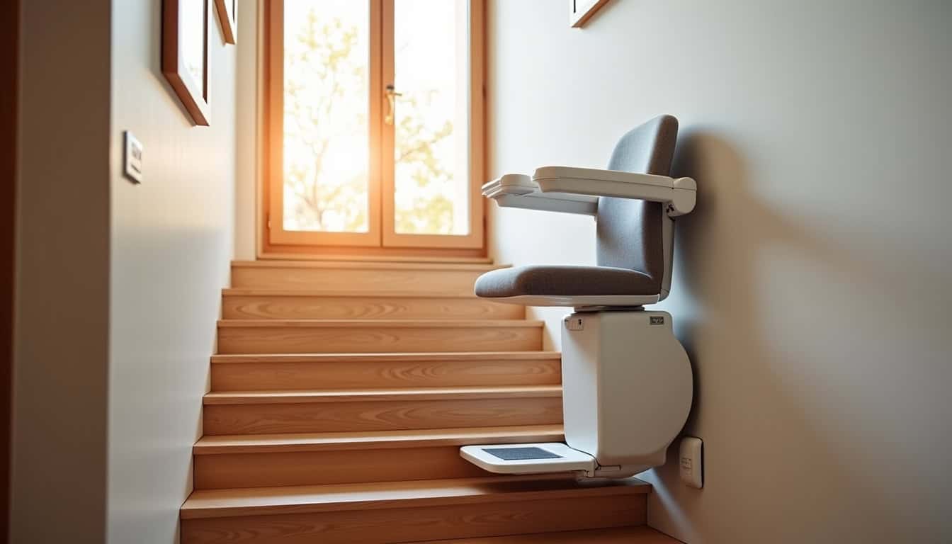 Monte-escalier droit en fonctionnement dans une maison de Le Touvet, avec siège confortable et rail discret