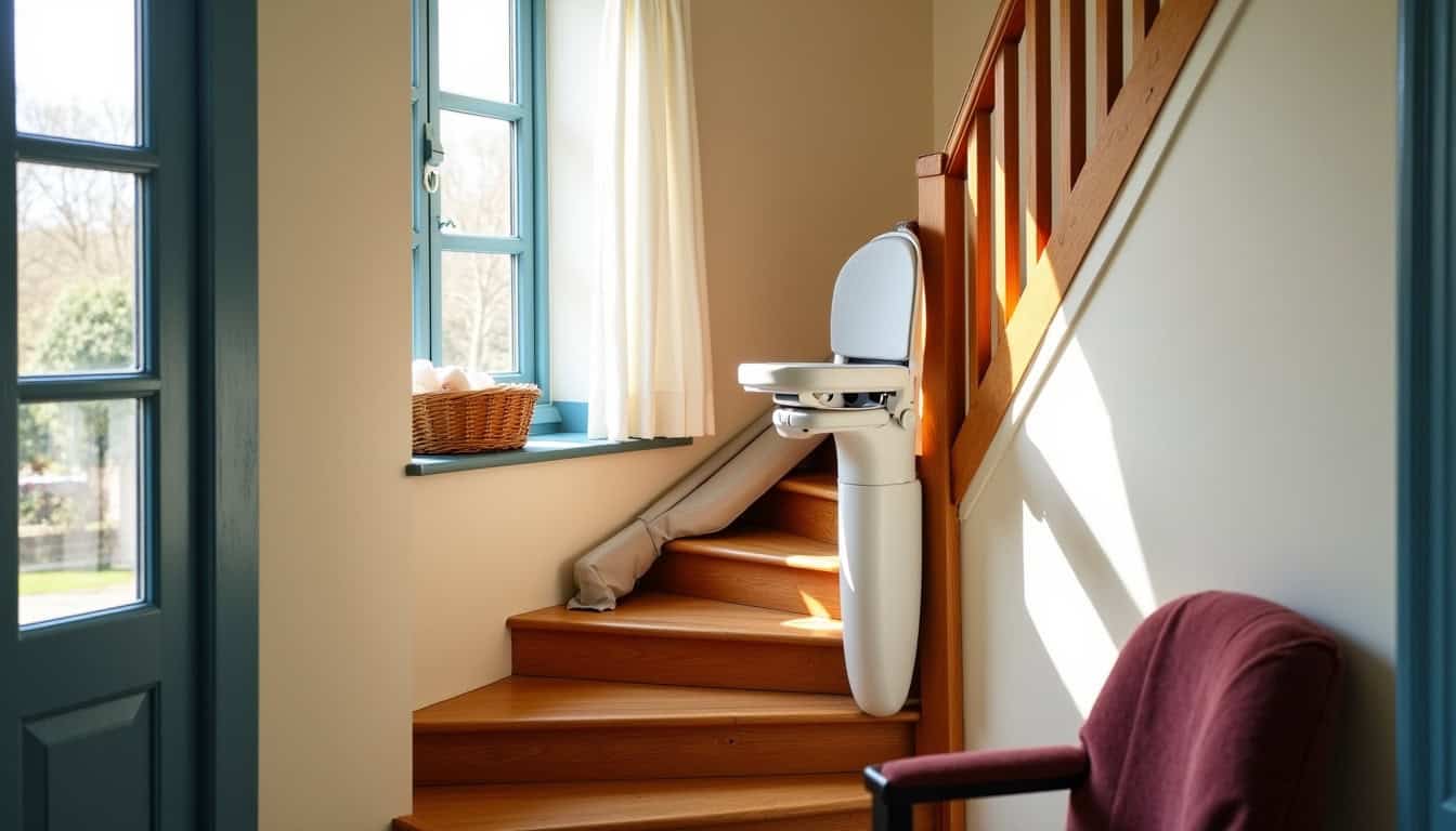Monte-escalier droit installé dans un intérieur breton traditionnel à Saint-Quay-Perros