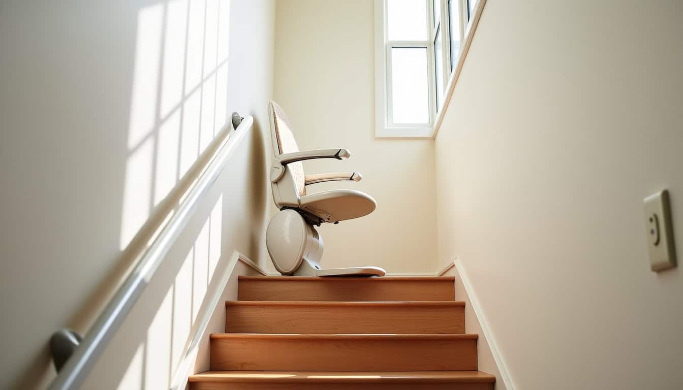Monte-escalier droit installé dans une habitation à Plouider, monté sur un escalier rectiligne