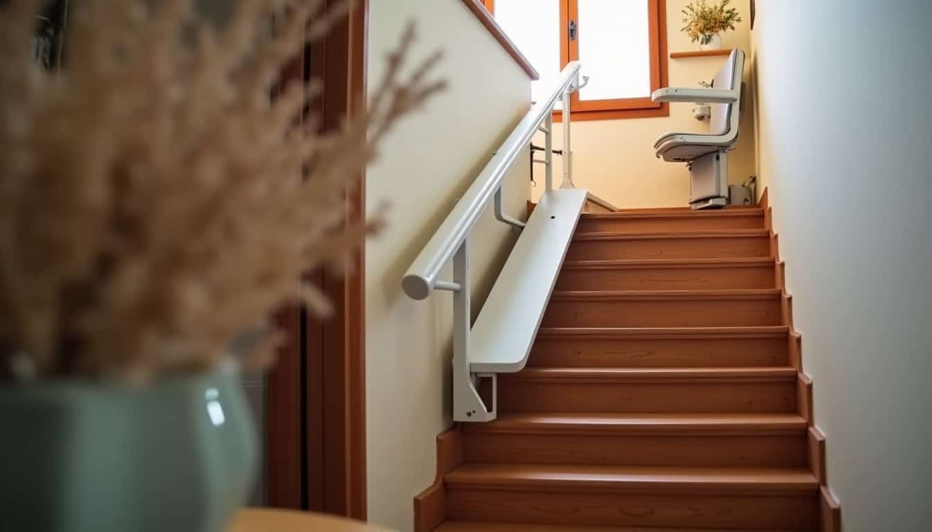 Monte-escalier droit installé dans une maison à Annemasse, vu de l’étage